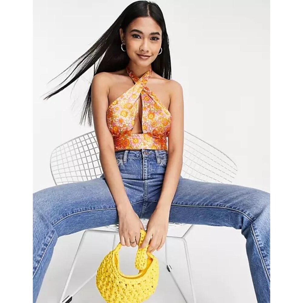 Topshop Floral Halter Crop Top in Pink and Orange - Picture 5 of 9